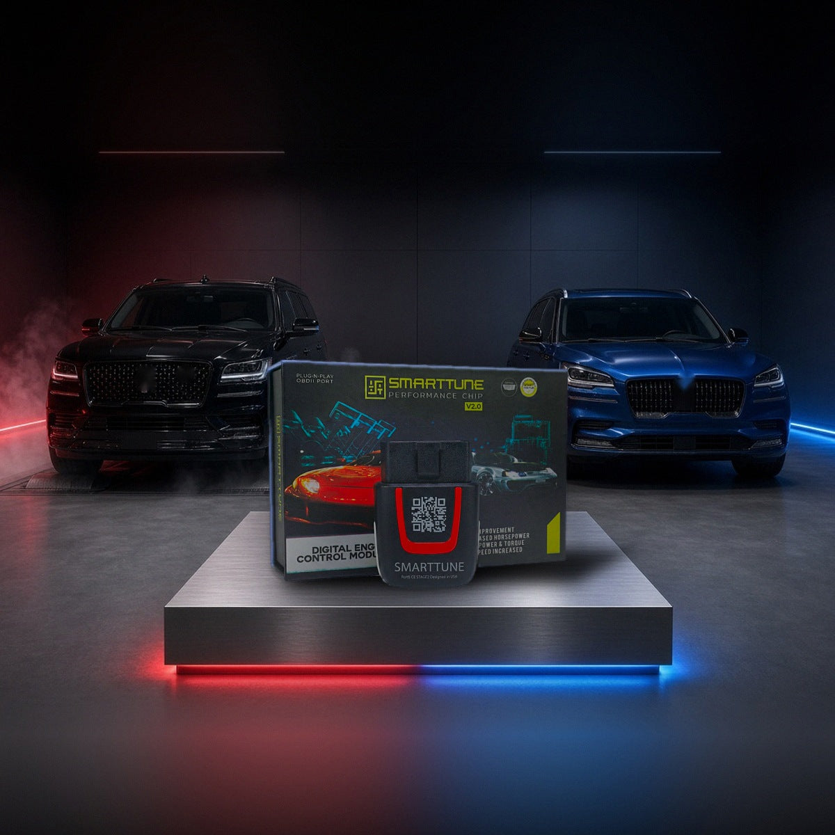Stage 2 SmartTune performance chip on a pedestal with a Lincoln Navigator and Aviator in a dyno shop