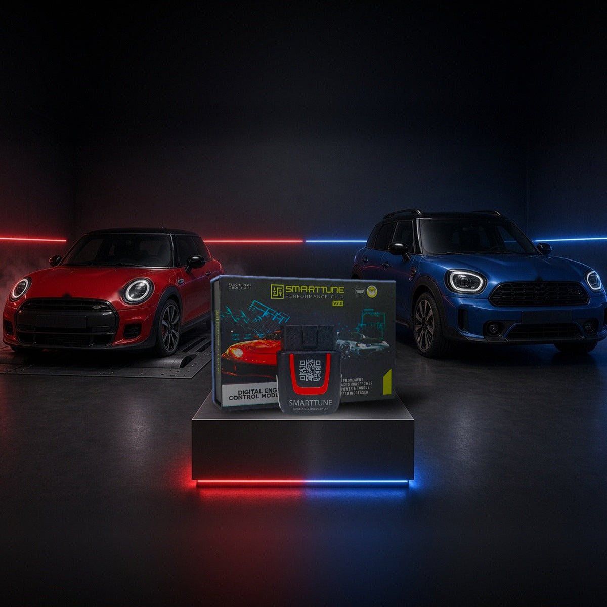 Stage 2 SmartTune performance chip on a pedestal with a Mini Cooper S and Countryman in a dyno shop