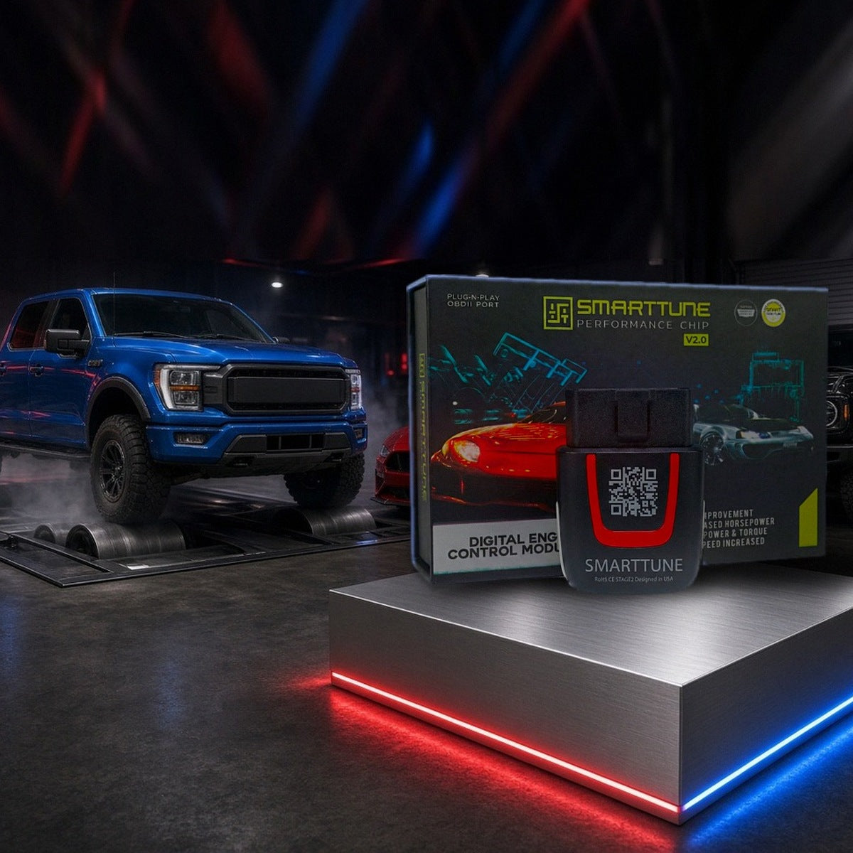 Stage 2 SmartTune performance chip on a pedestal with a Ford F-150, Mustang and Bronco in a dyno shop