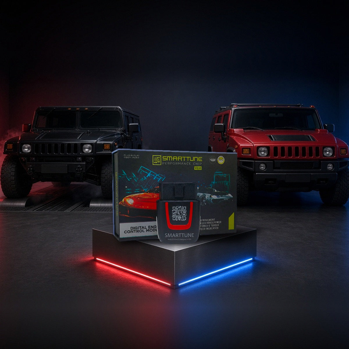 Stage 2 SmartTune performance chip on a pedestal with a Hummer H1 and H2 in a dyno shop