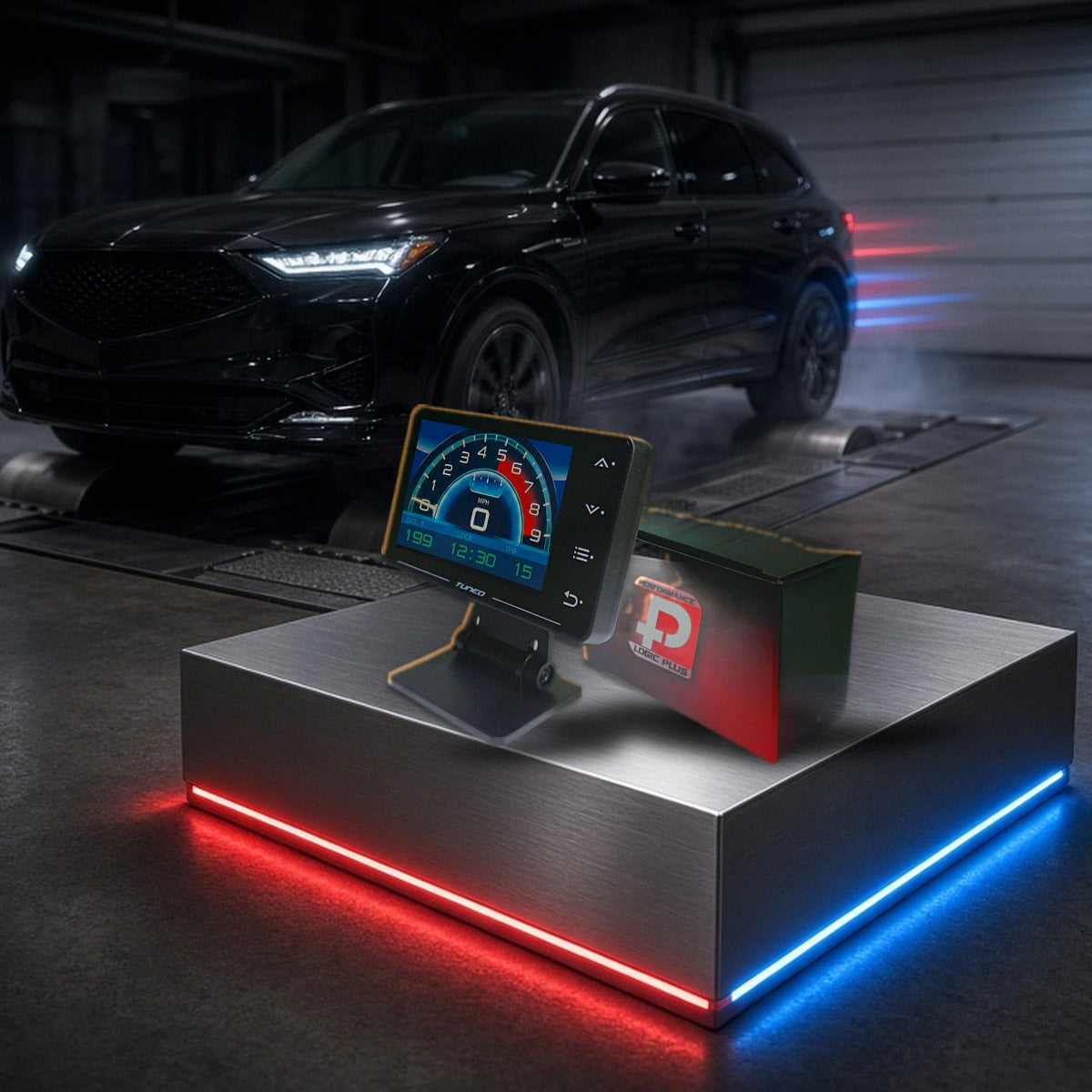 Stage 4 performance tuner on a pedestal with an Acura MDX in a dyno shop