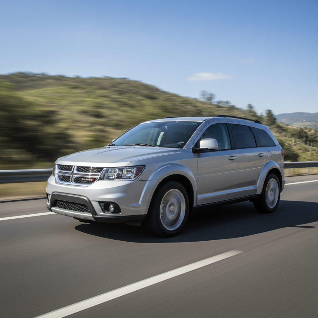 Square 1:1 image of a Dodge Journey (2011-2017) driving fast down the highway