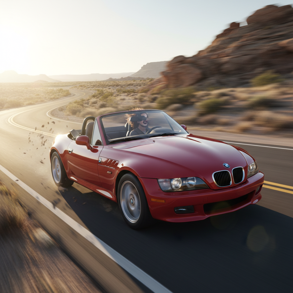 Square image of a BMW Z3 1999 driving fast showing speed and excitement
