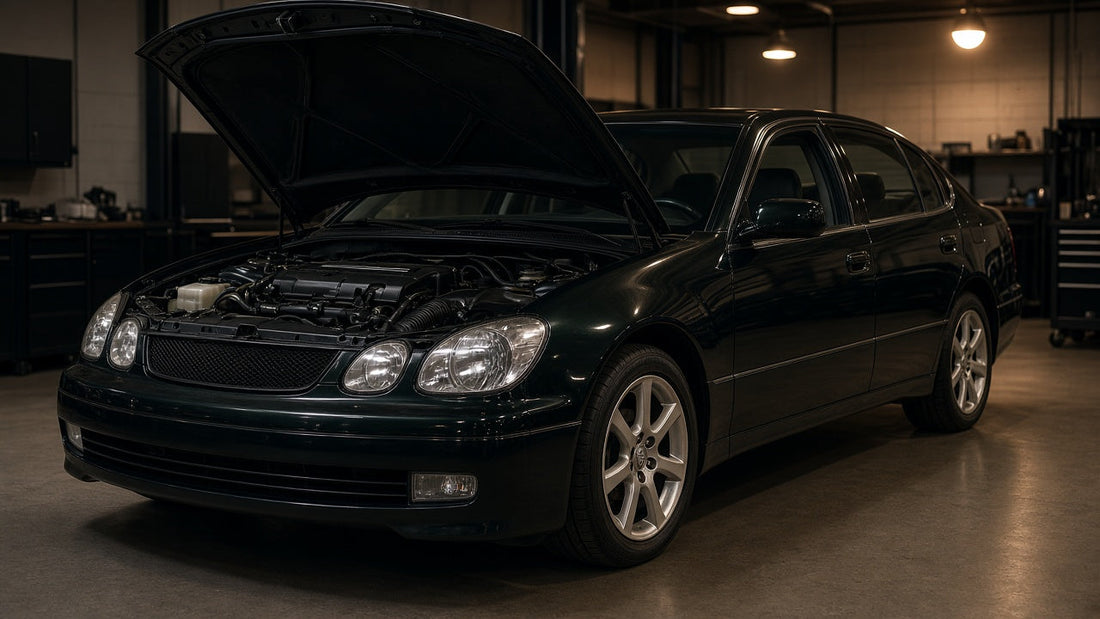 Lexus GS300 with the hood open in a garage