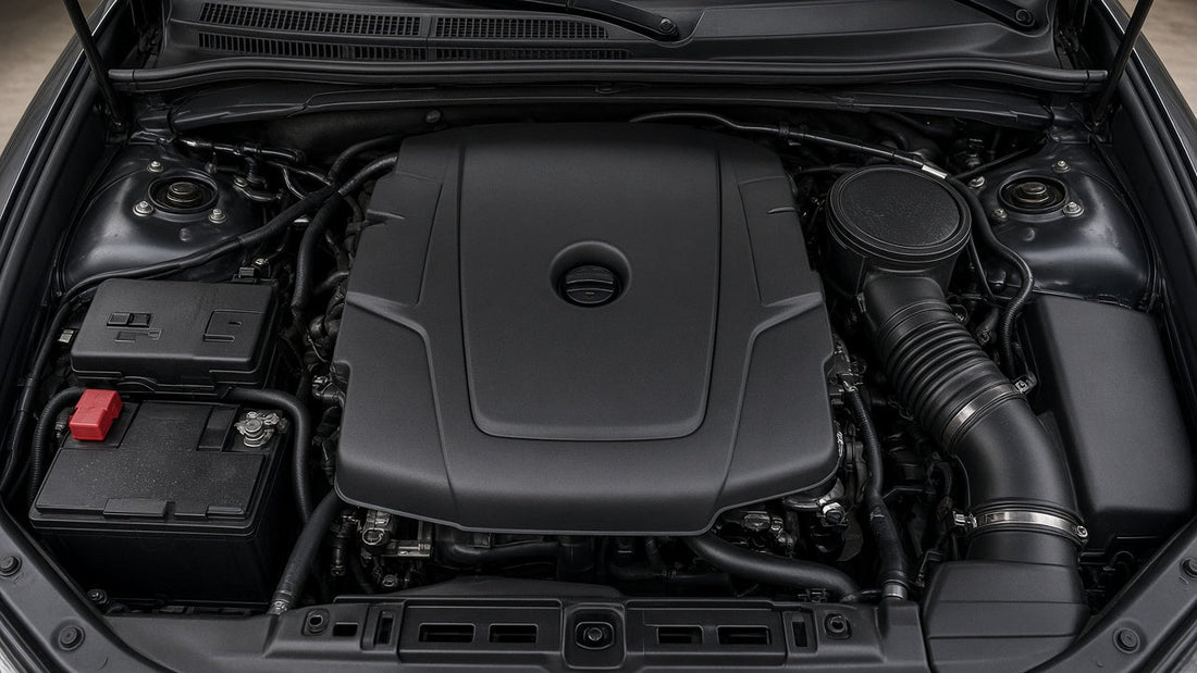 Top-down view of an IS engine bay with the hood open