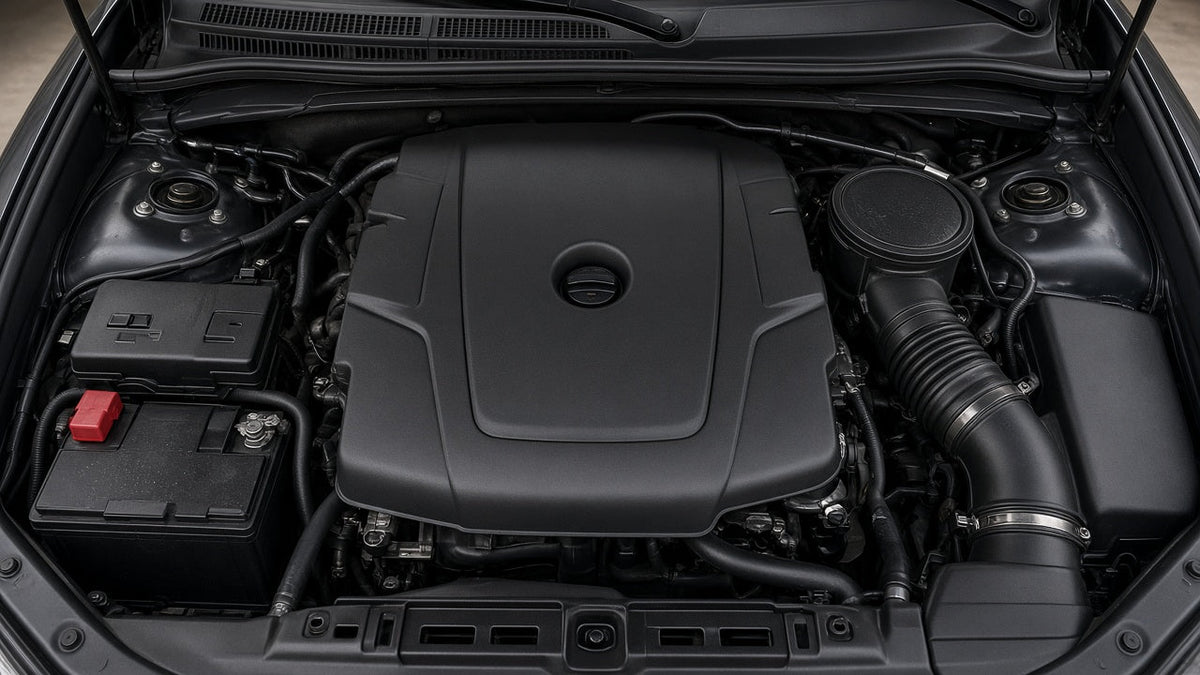 Top-down view of an IS engine bay with the hood open