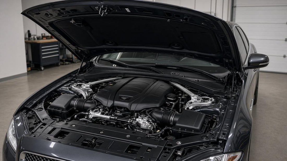Jaguar XJ 5.0 supercharged V8 engine bay with twin front airboxes