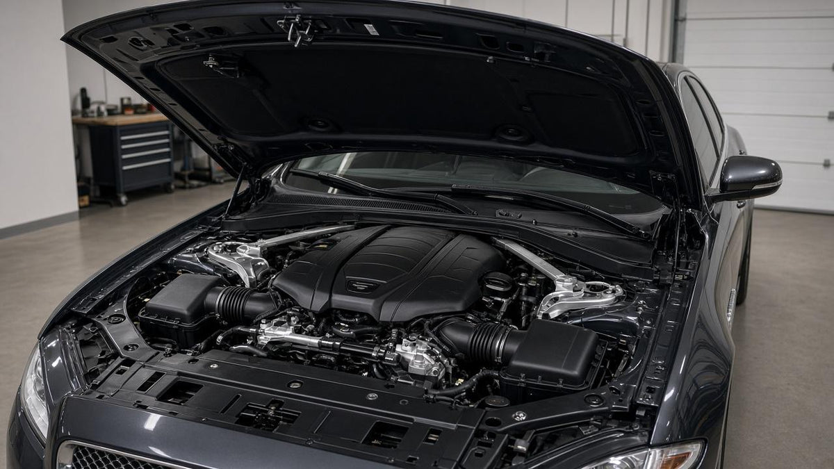 Jaguar XJ 5.0 supercharged V8 engine bay with twin front airboxes