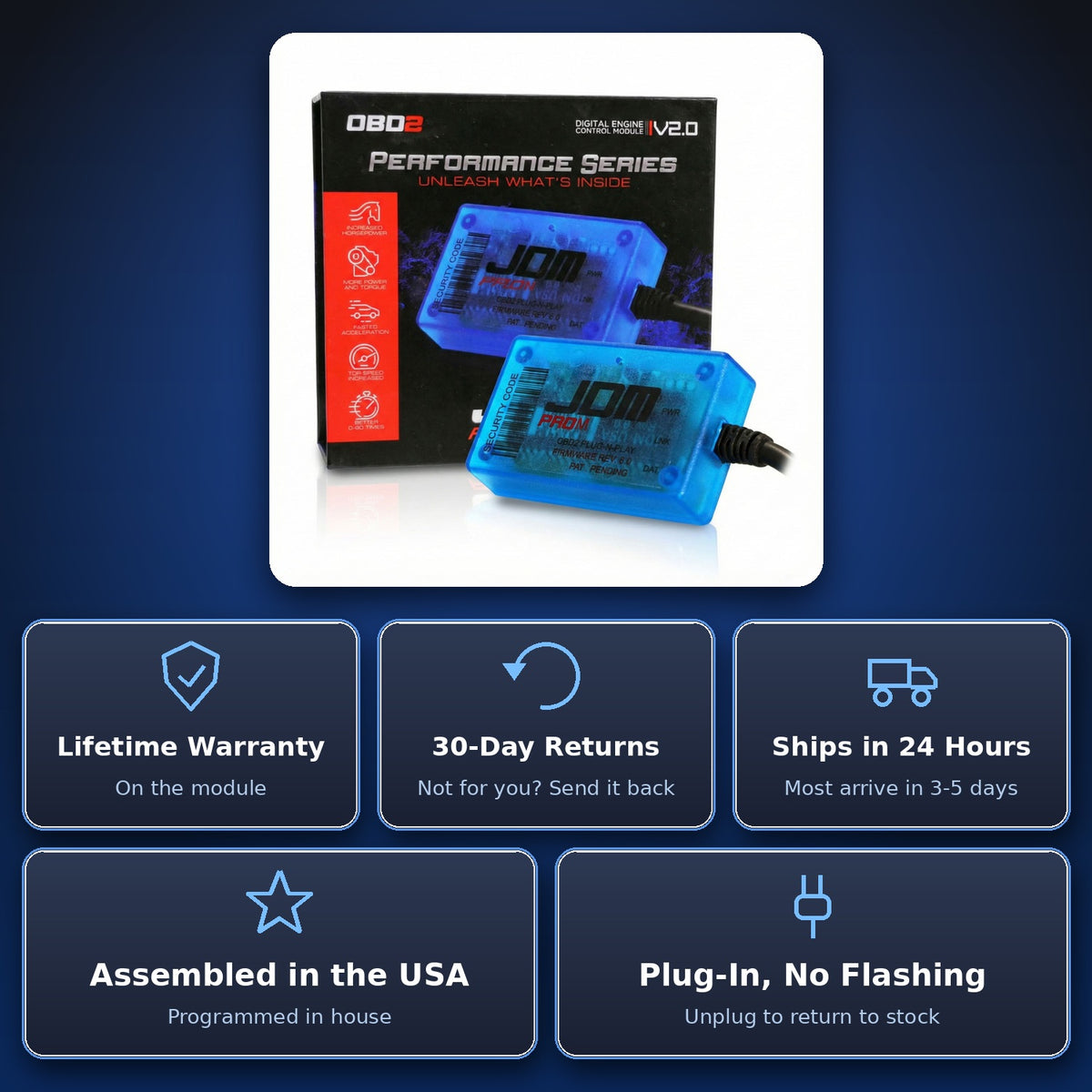 Lifetime warranty, 30-day returns, assembled in the USA, ships within 24 hours