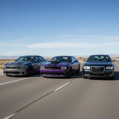 1:1 square image of: Charger, Challenger, Chrysler 300 (2011-2020) all 3 vehicles driving on the highway together. 