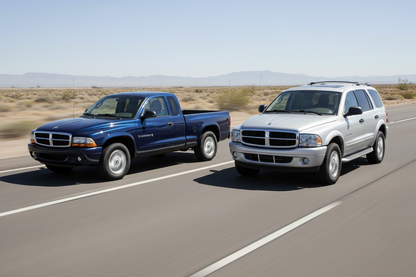 1997-2003 Dodge Dakota and a Dodge Durango 2000 driving both the same direction on the highway showing speed