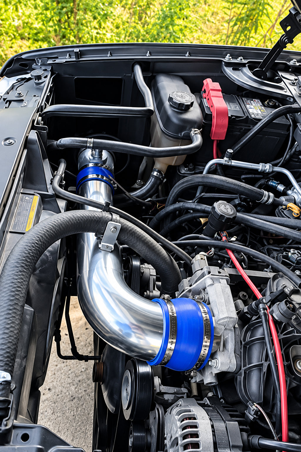 A close-up of a car engine bay featuring a polished silver metal intake pipe with a blue clamp, installed in front of a black engine compartment.