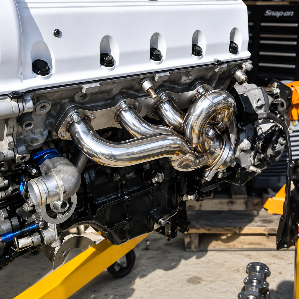 A used white engine block with polished stainless steel intake manifold and turbos, resting on a yellow hoist in a workshop setting.