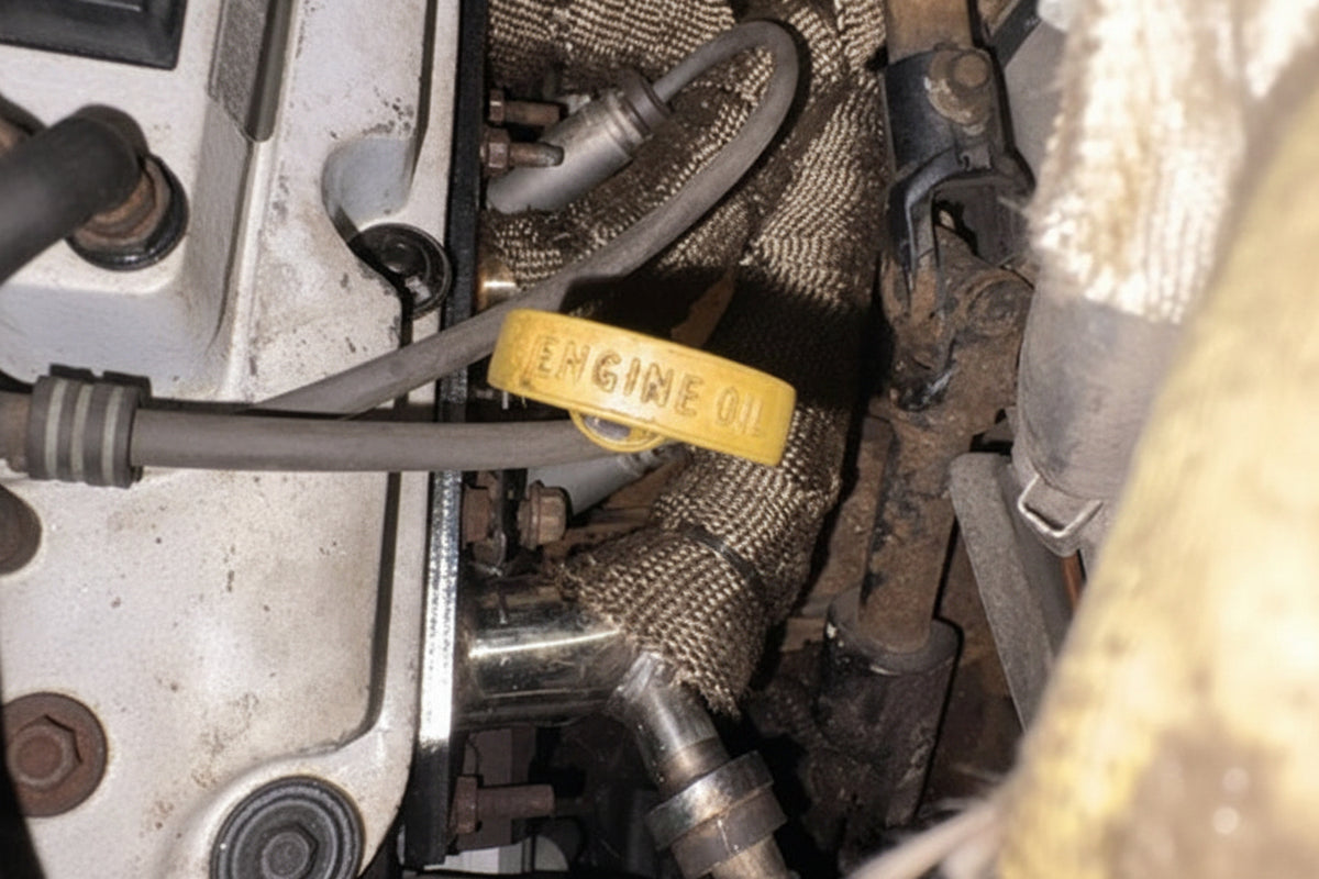 A close-up view of a used car engine bay, highlighting a bright yellow plastic dipstick filled with yellow engine oil, surrounded by metal parts, hoses, and protective wrap.