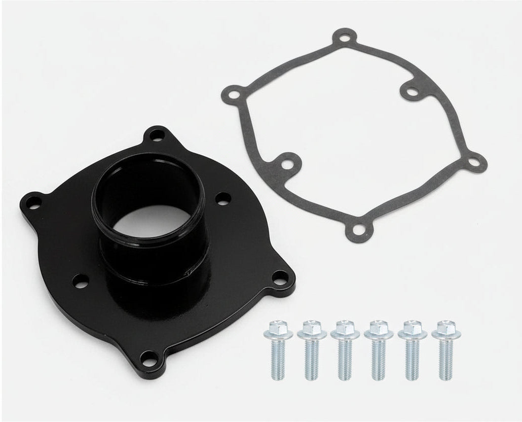 Black mechanical component with gasket and screws on a white background