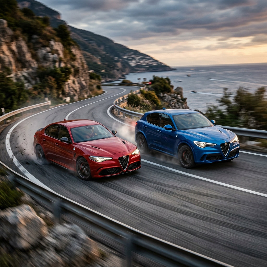 Action Shot: Alfa Romeo Giulia,Stelvio Driving Fast