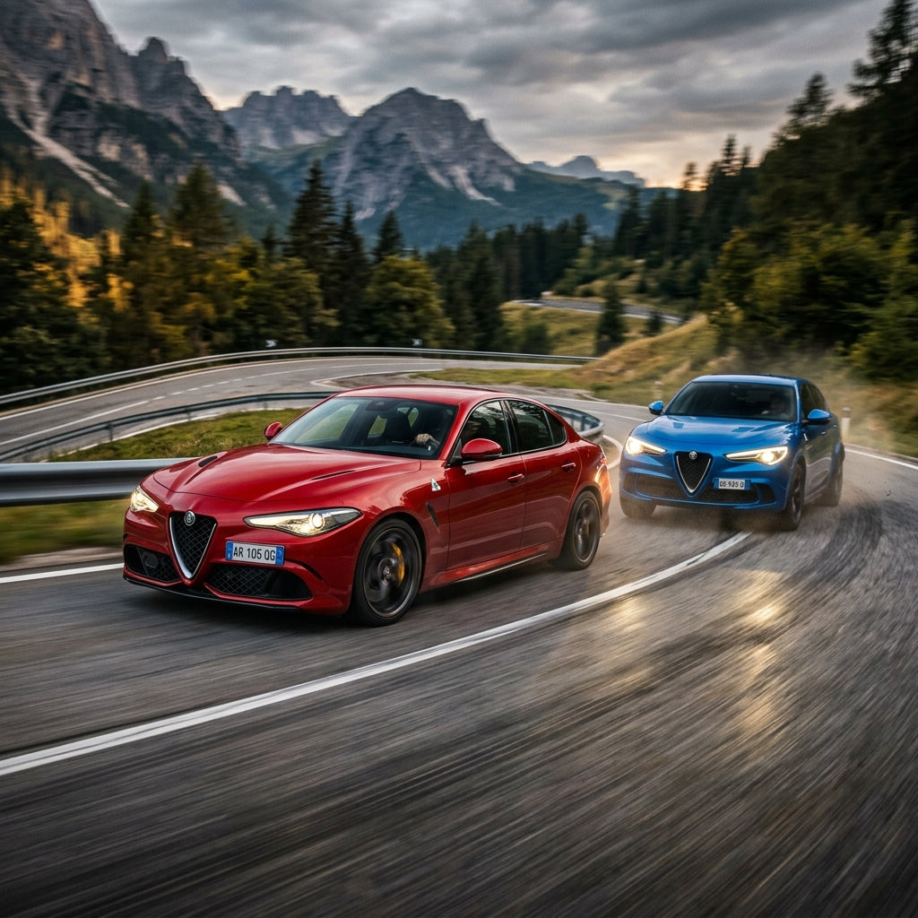 Action Shot: Alfa Romeo Giulia,Stelvio Driving Fast