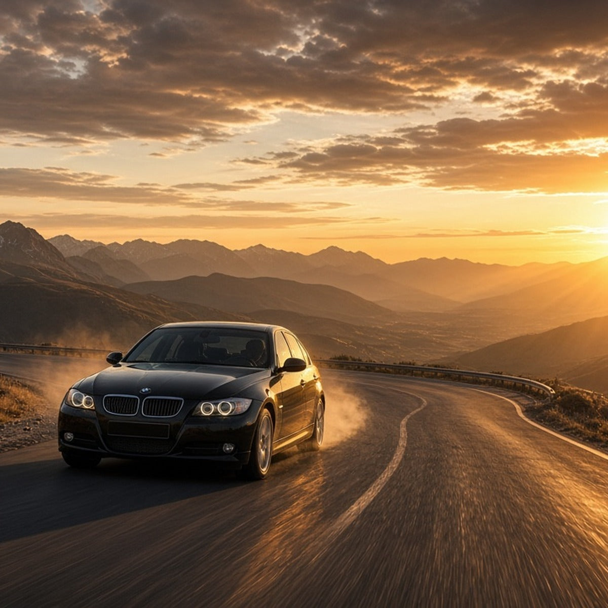 Black 2007-2011 BMW 328i E90 sedan driving fast on a mountain road at sunset