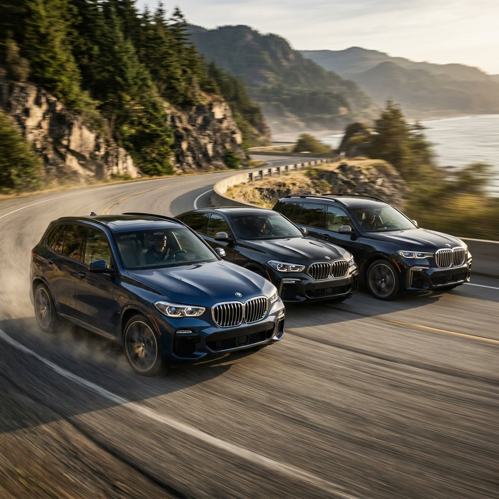 BMW X-series SUVs driving fast on a coastal road