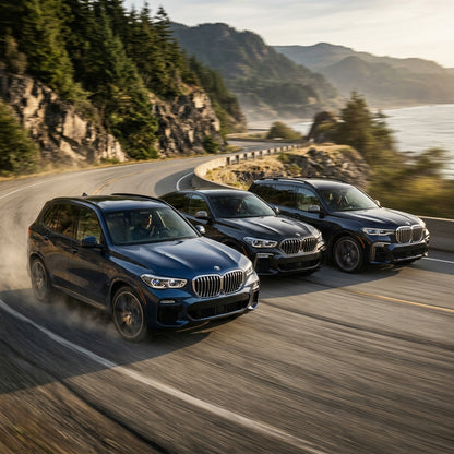 BMW X-series SUVs driving fast on a coastal road