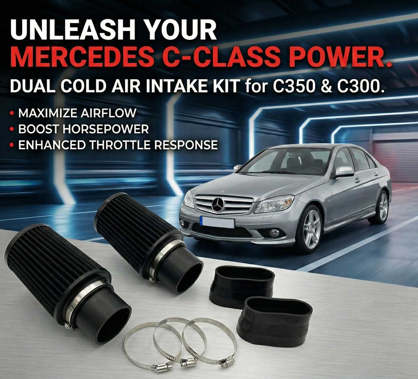 Black Coated Cold Air Intake for Mercedes Benz C300 C350 (2008-2011) 3.5L V6 Engine