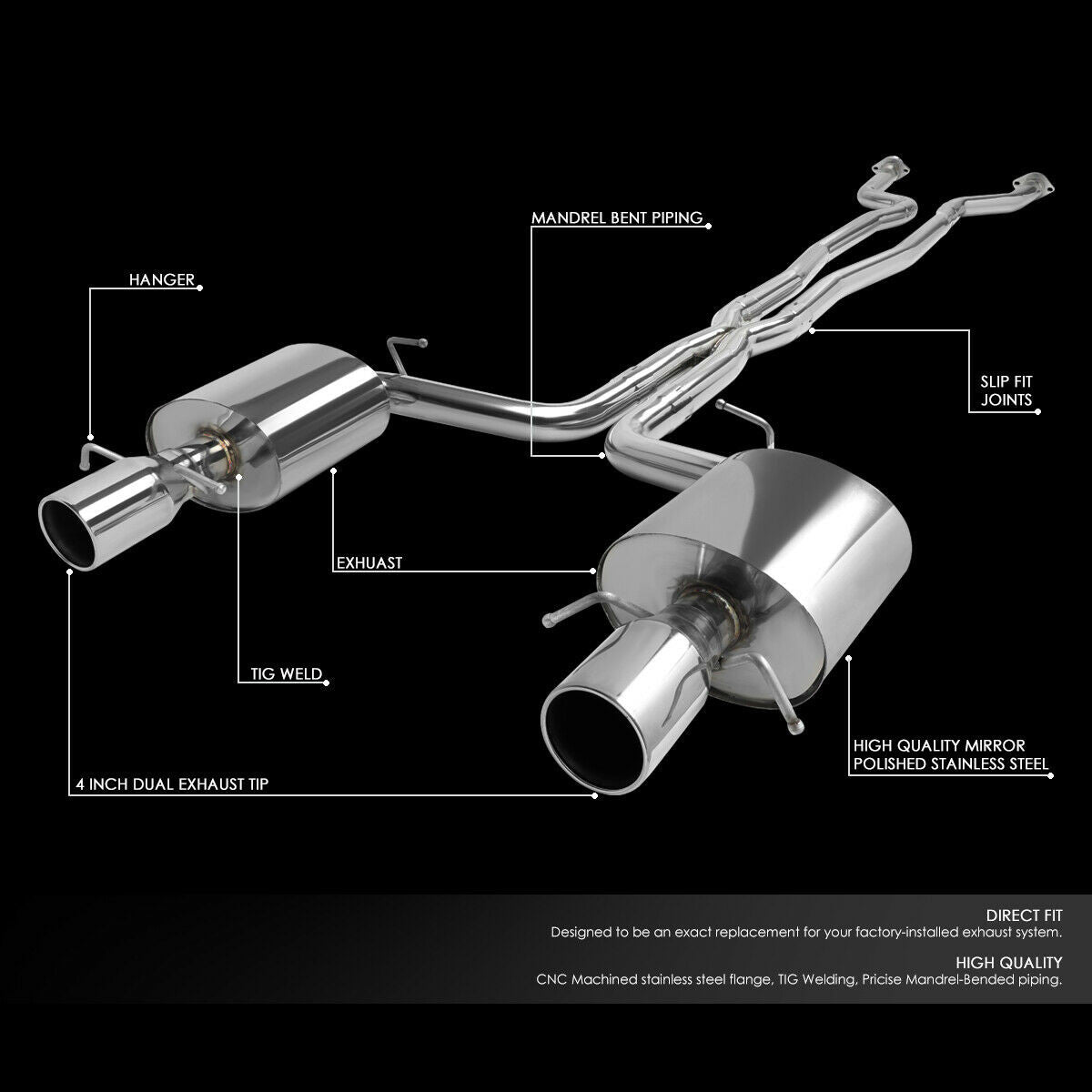 Dual Muffler Catback Exhaust System+4.5"Tips for Cadillac CTS V Sedan (2009-2014) with 6.2L V8 Engine