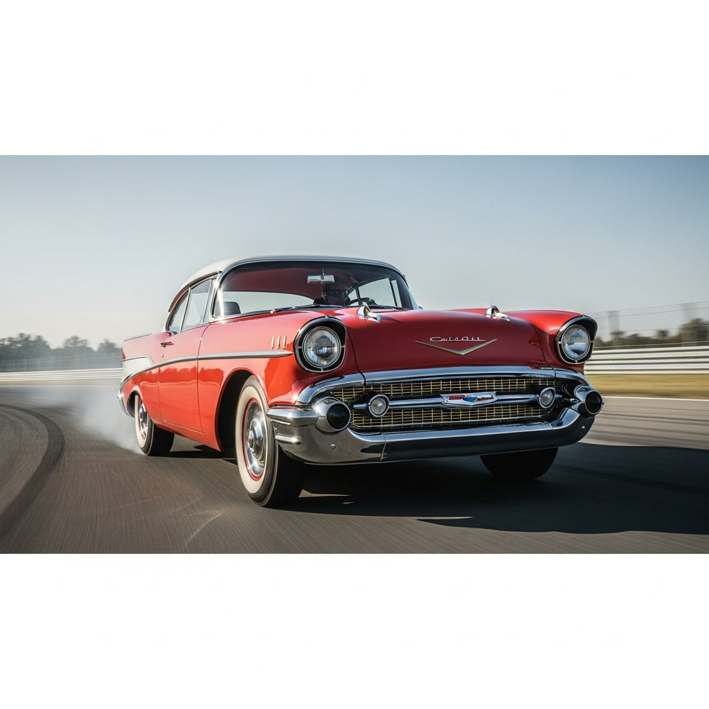 Action Shot: Chevrolet Bel Air, Corvette Driving Fast