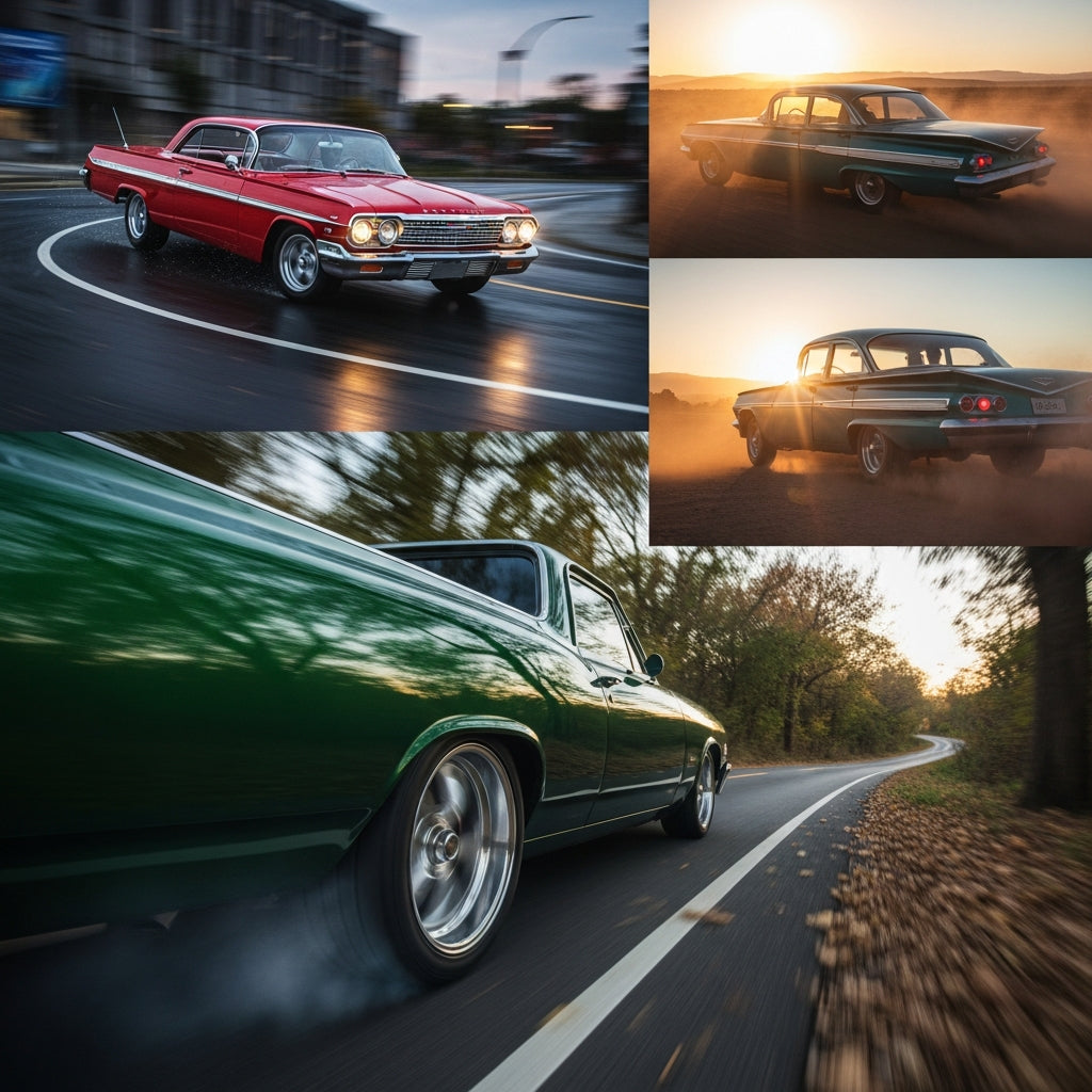 Action Shot: Chevrolet Impala, El Camino, Bel Air, Caprice, Chevelle, Biscayne Driving Fast