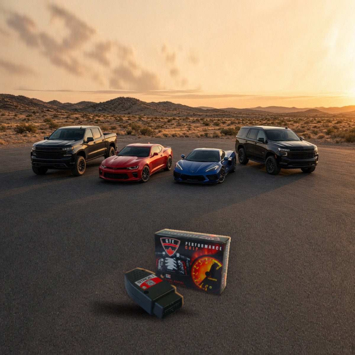 Performance chip with Chevrolet Silverado, Camaro, Corvette and Tahoe at sunset