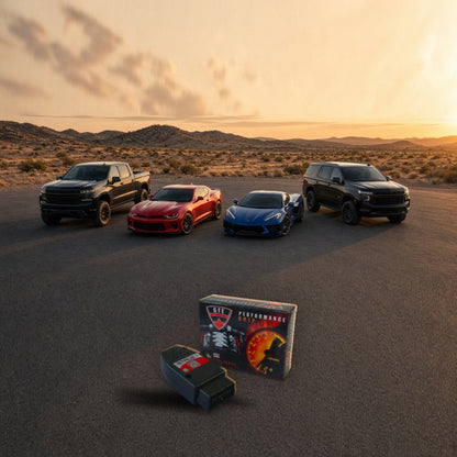 Performance chip with Chevrolet Silverado, Camaro, Corvette and Tahoe at sunset