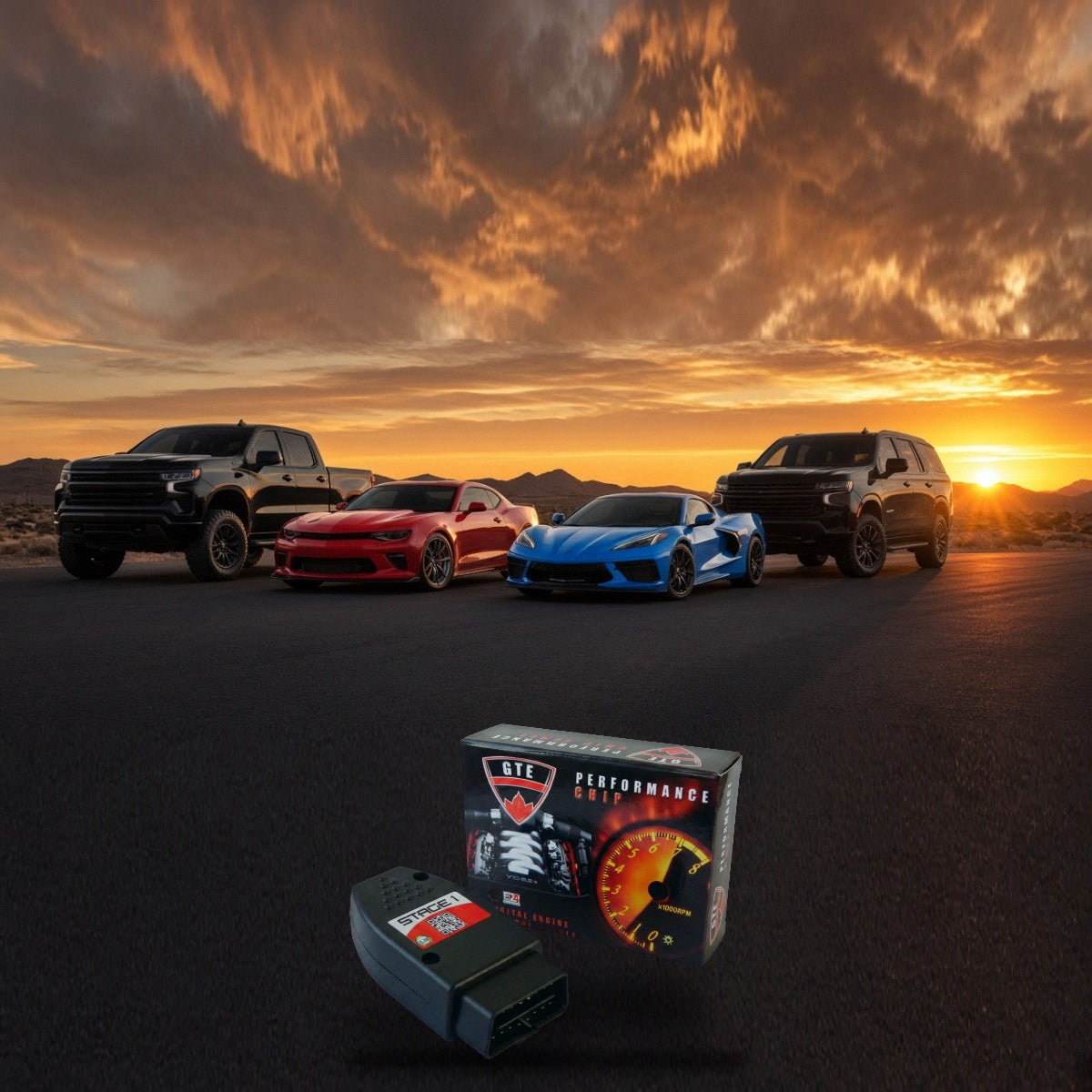 Stage 1 performance chip with Chevrolet Silverado, Camaro, Corvette and Tahoe at sunset