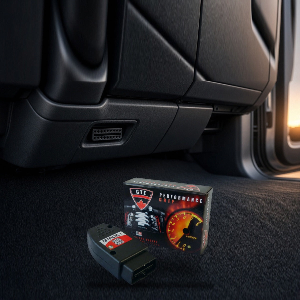 Stage 1 performance chip by the OBD2 port of a Chevrolet Silverado