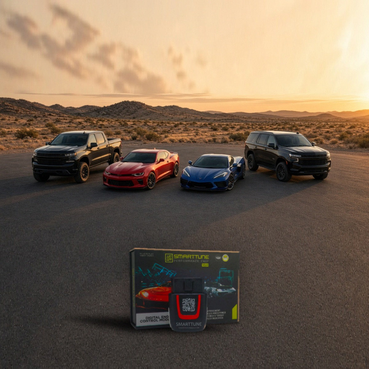 Performance chip with Chevrolet Silverado, Camaro, Corvette and Tahoe at sunset
