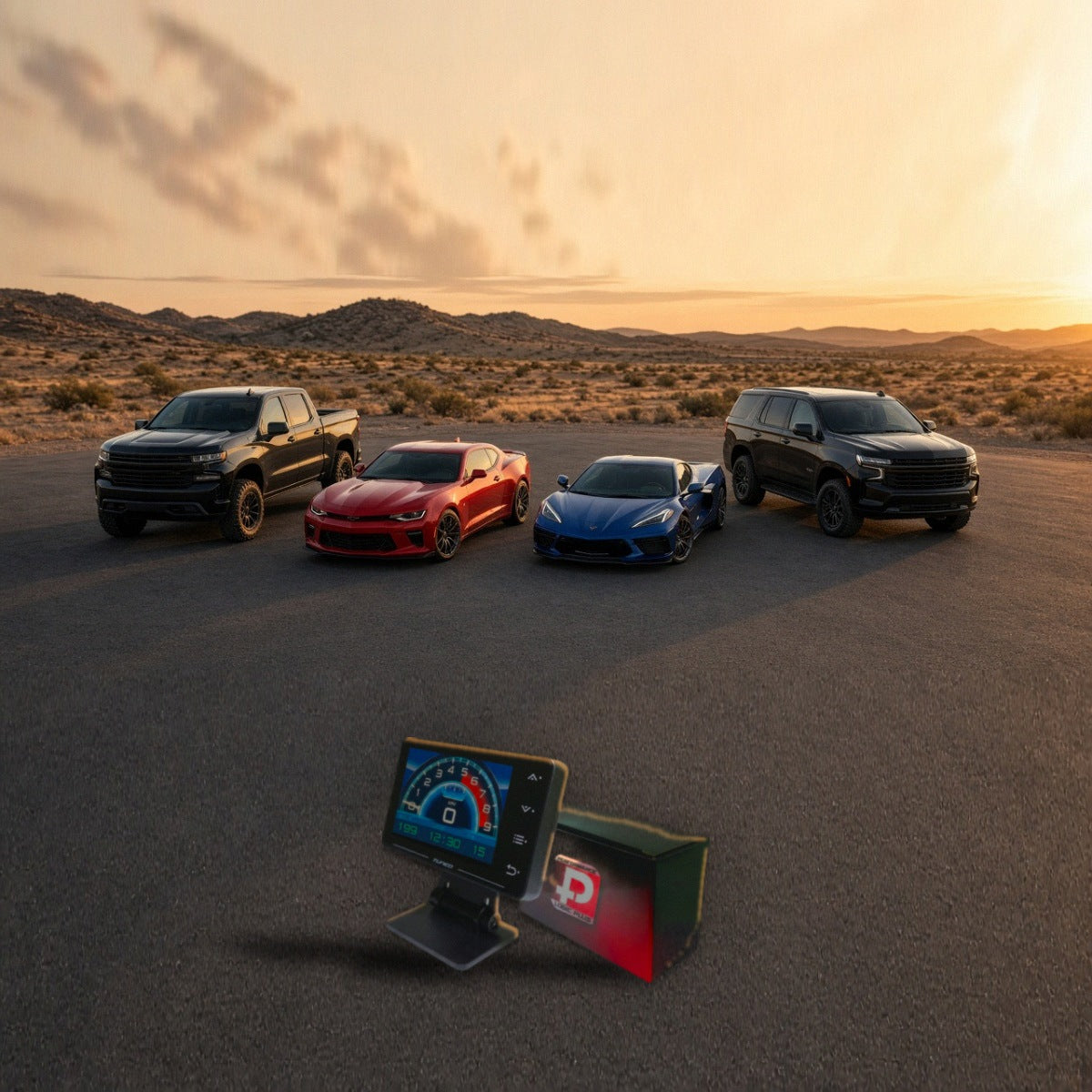 Performance chip with Chevrolet Silverado, Camaro, Corvette and Tahoe at sunset
