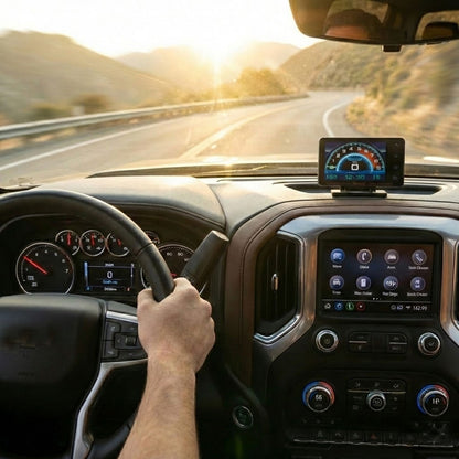 Person driving a car with a navigation device on the dashboard