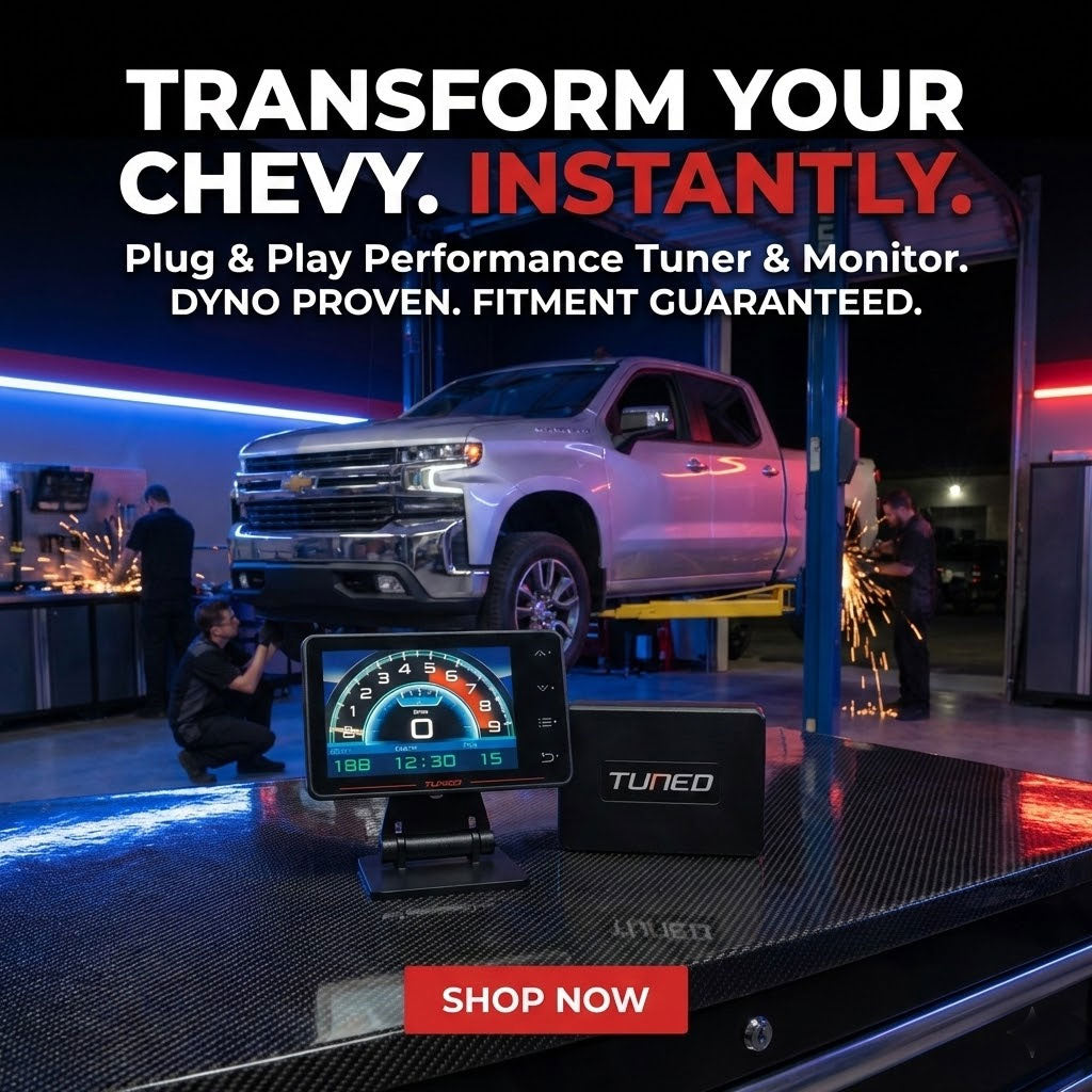 Advertisement for a performance tuner and monitor for a Chevy truck in a garage setting.