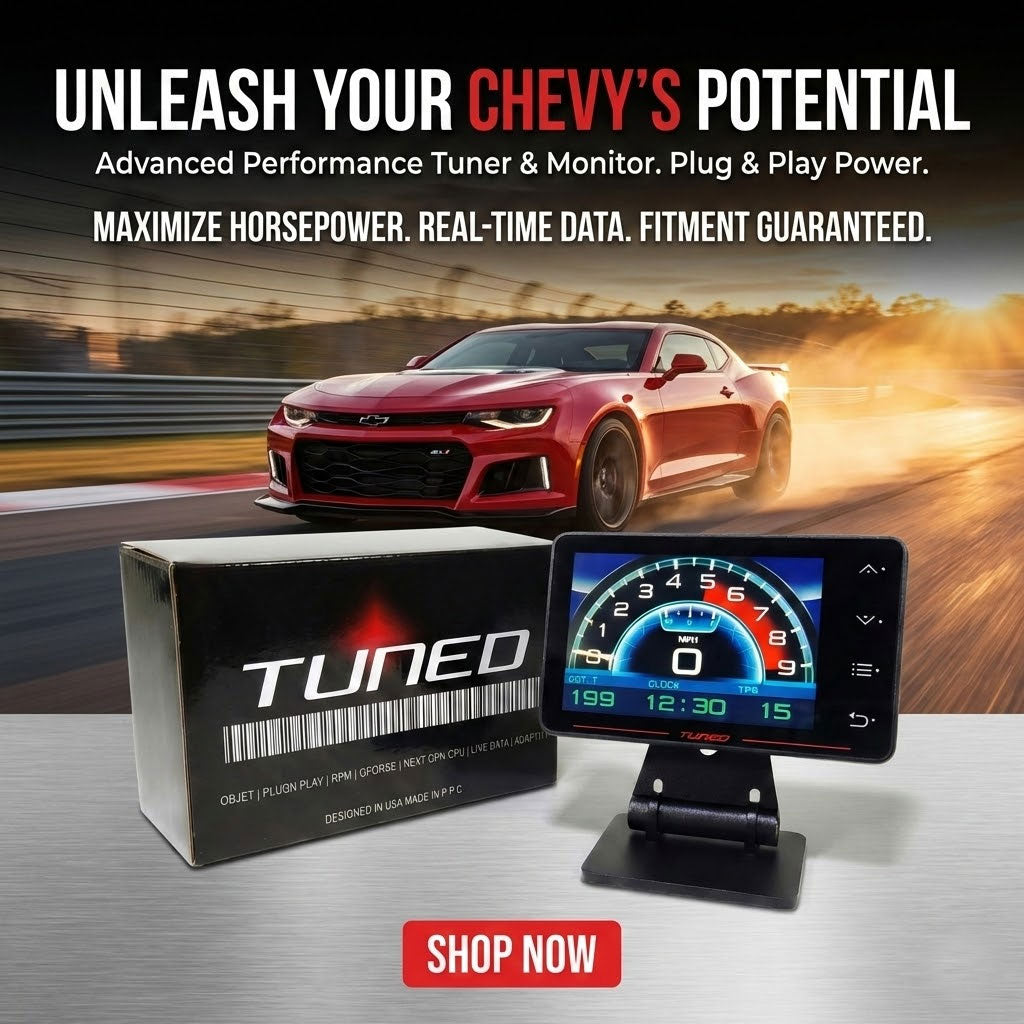Car performance tuner with packaging and 'TUNED' branding on a racing track background.