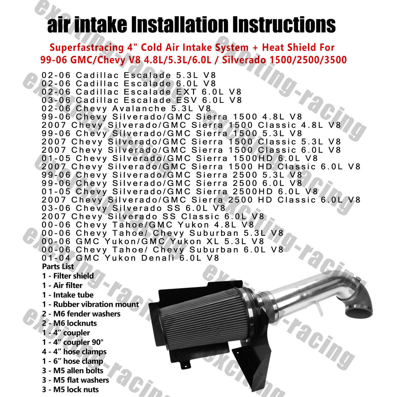 Cold Air Intake for GMC/Chevy/Cadillac - Escalade/Avalanche/Suburban/Silverado/Sierra/Yukon (1999-2006) V8 4.8L/5.3L/6.0L