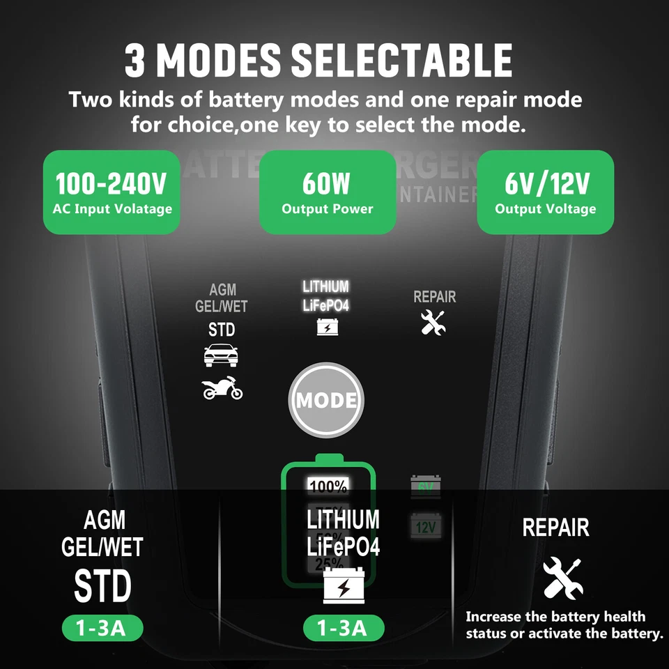 6V 12V Automatic 3.0 Amp Battery Charger for Car Motorcycle Car ATV