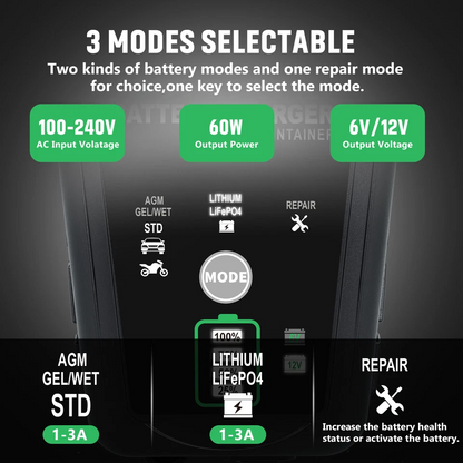 6V 12V Automatic 3.0 Amp Battery Charger for Car Motorcycle Car ATV