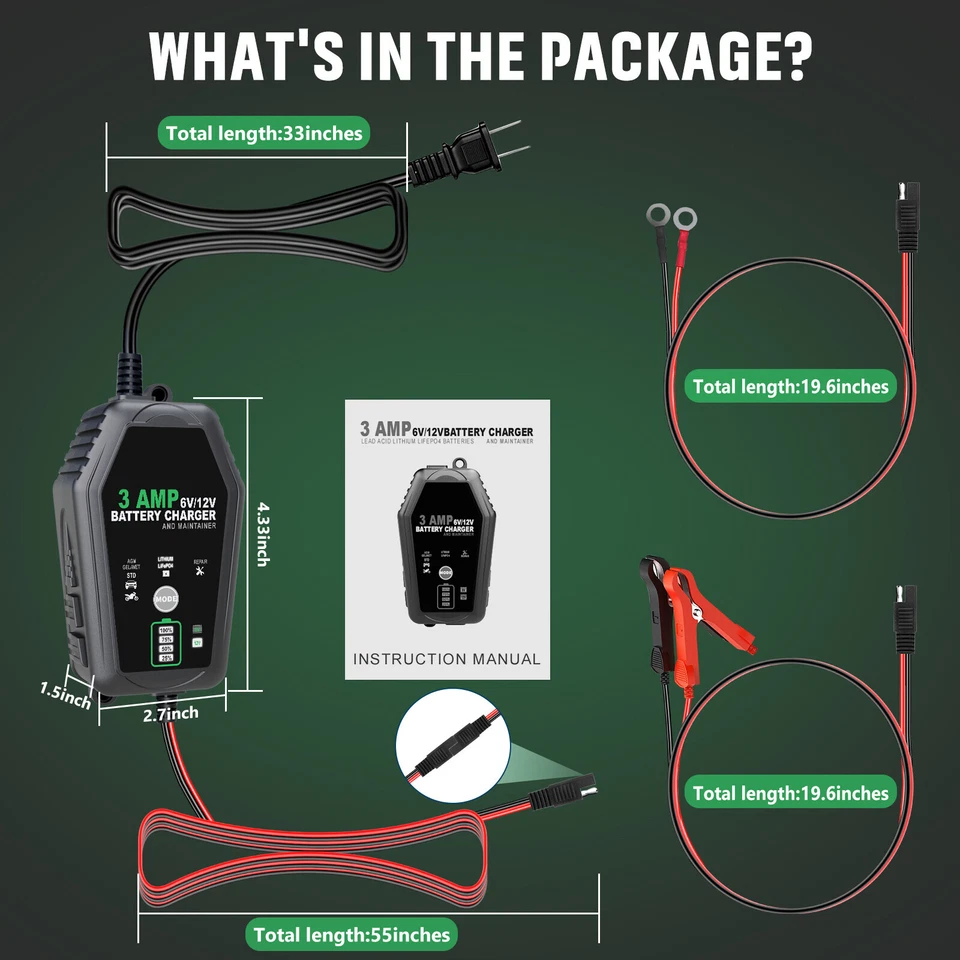 6V 12V Automatic 3.0 Amp Battery Charger for Car Motorcycle Car ATV