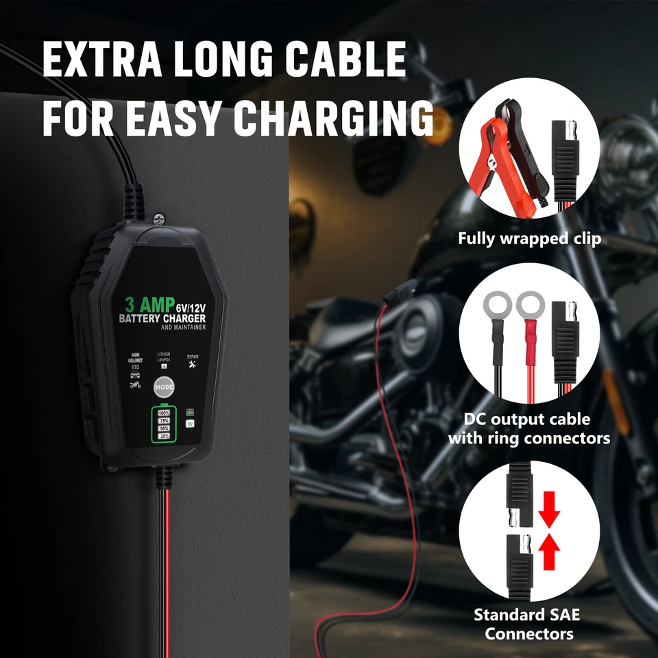 6V 12V Automatic 3.0 Amp Battery Charger for Car Motorcycle Car ATV