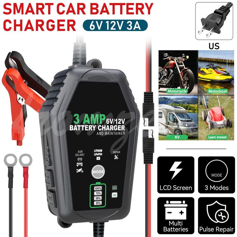 6V 12V Automatic 3.0 Amp Battery Charger for Car Motorcycle Car ATV