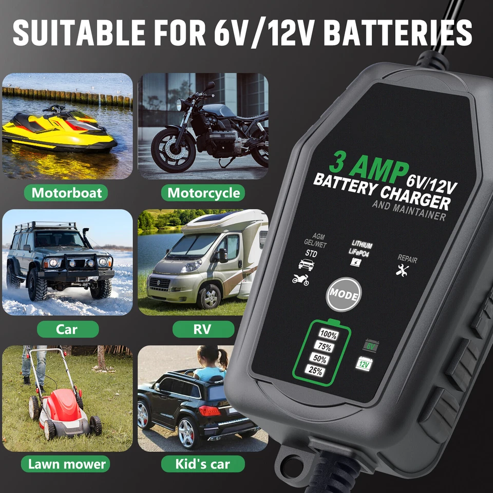 6V 12V Automatic 3.0 Amp Battery Charger for Car Motorcycle Car ATV