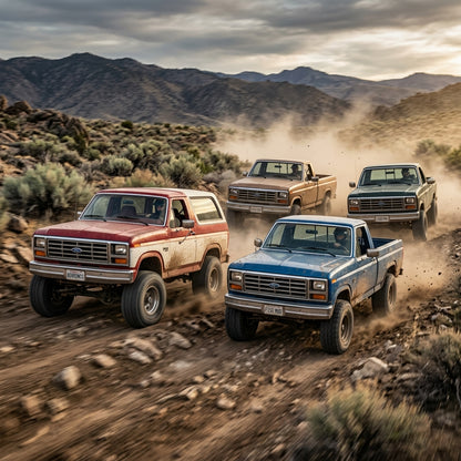 Action Shot: Ford Bronco, F-150, F-250, F-350 Driving Fast