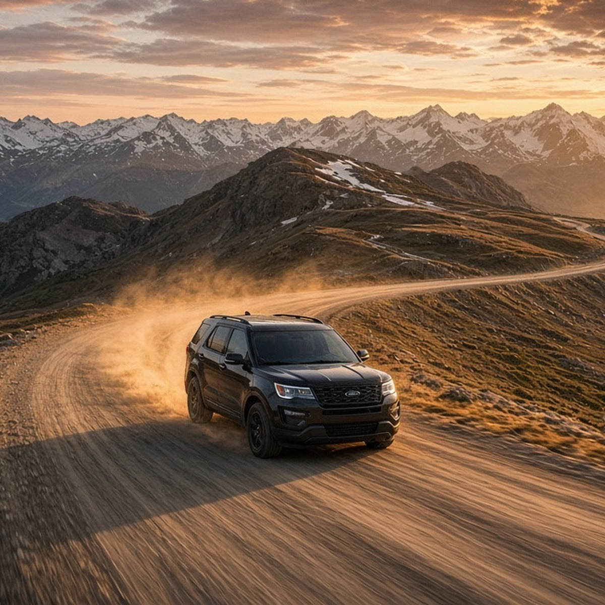 Black Ford Explorer driving fast on a dirt mountain road