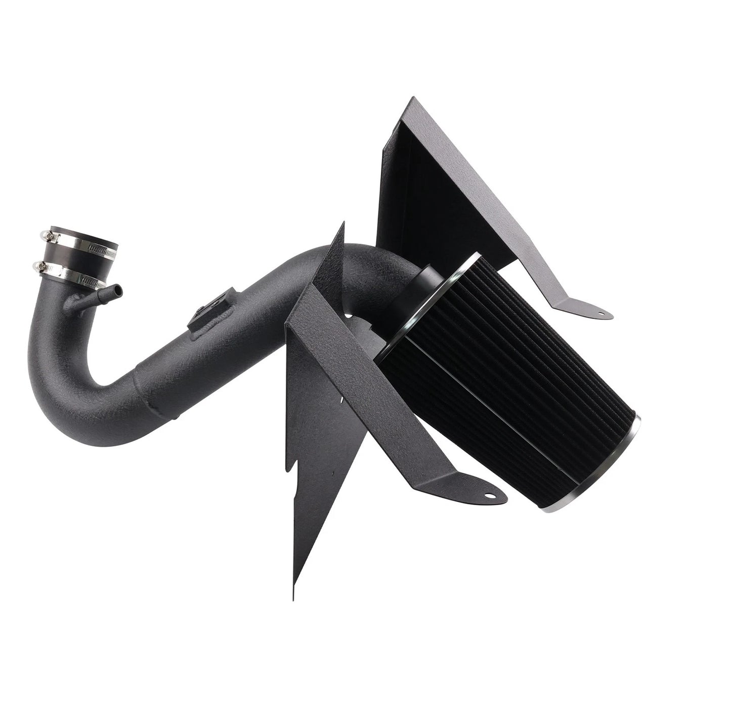 Black automotive air intake system on a white background