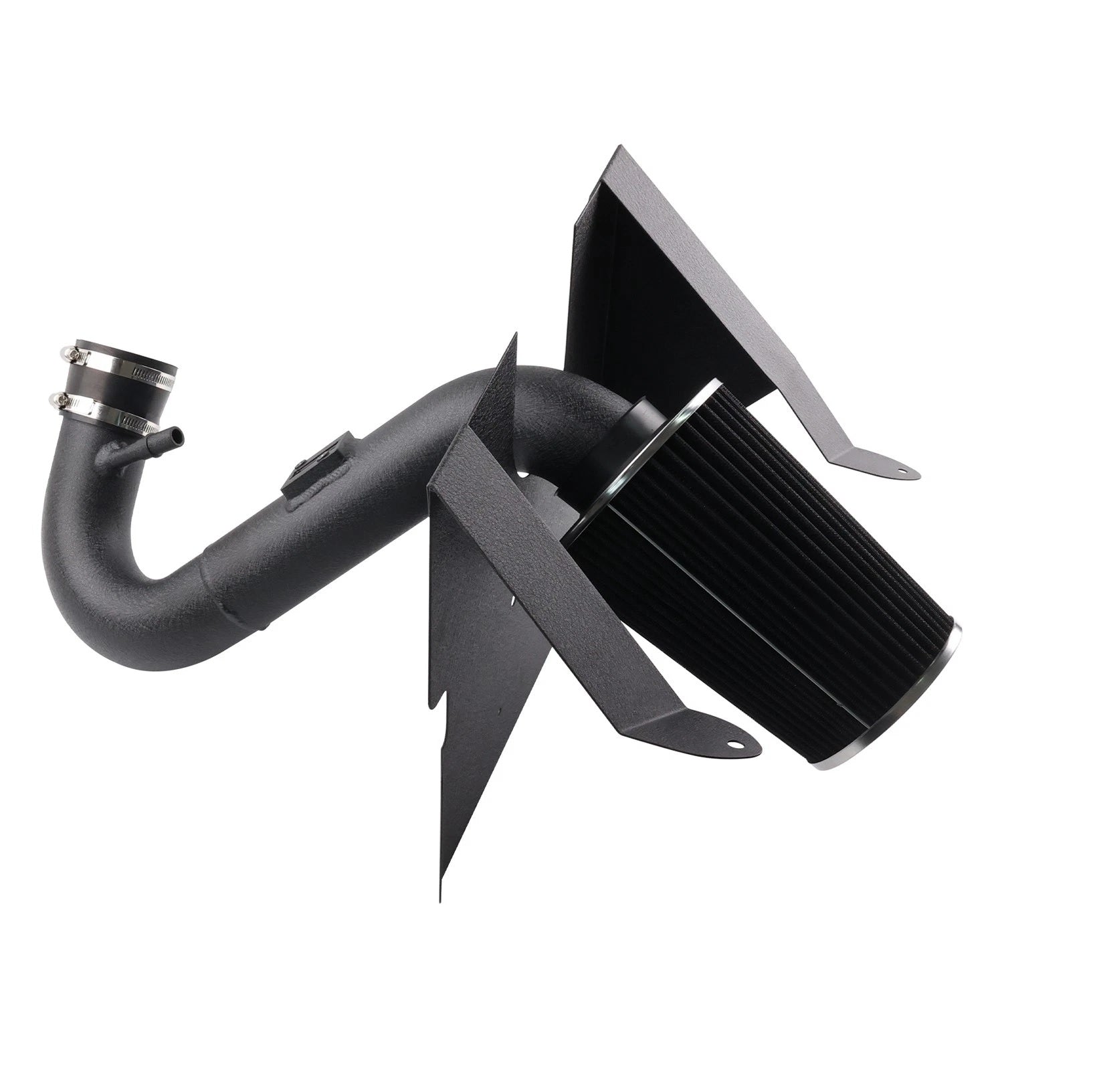Black automotive air intake system on a white background