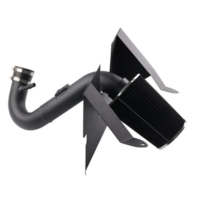 Black automotive air intake system on a white background