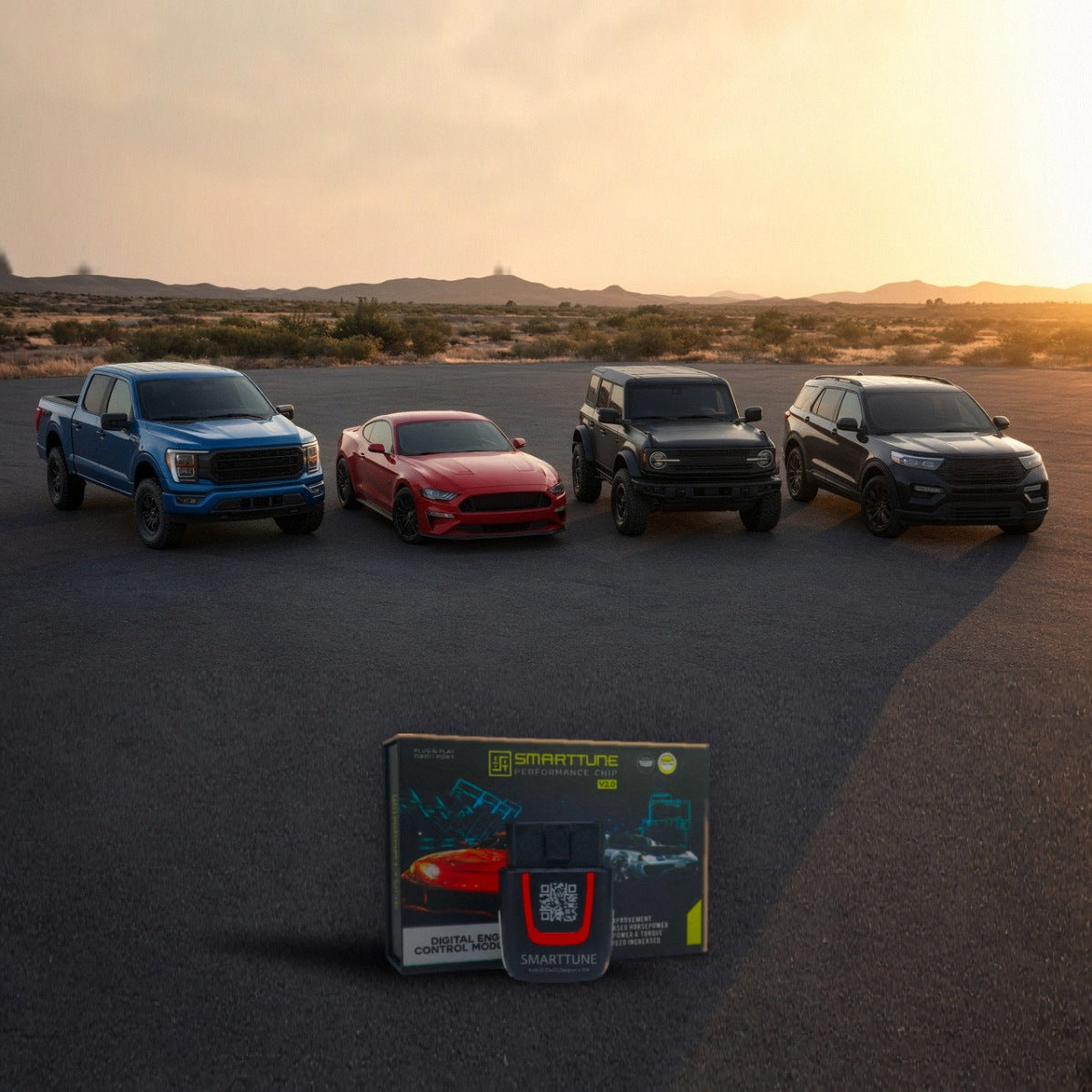 Performance chip with Ford F-150, Mustang, Bronco and Explorer at sunset